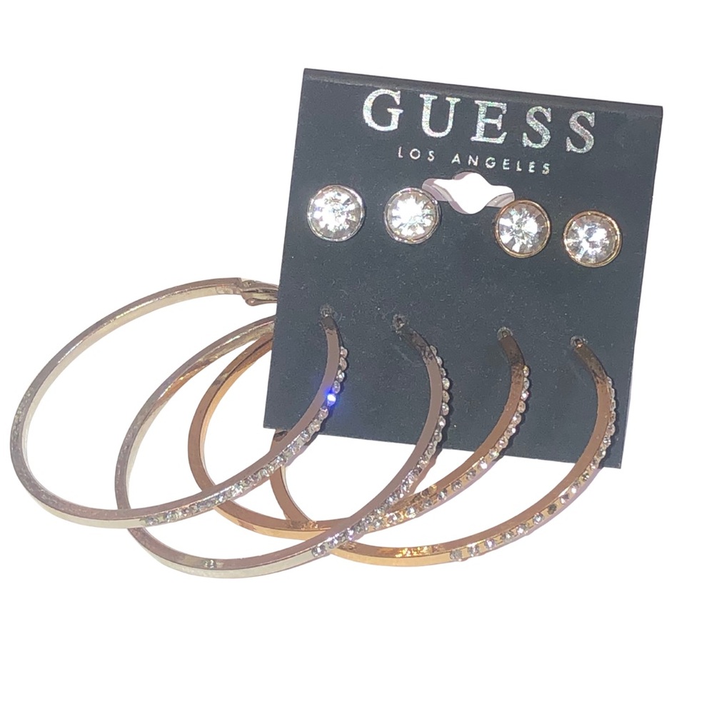 NWT Guess Silver & Rose Gold Hoop + Stud Earring Set – Rhinestone Accents - Picture 2 of 10